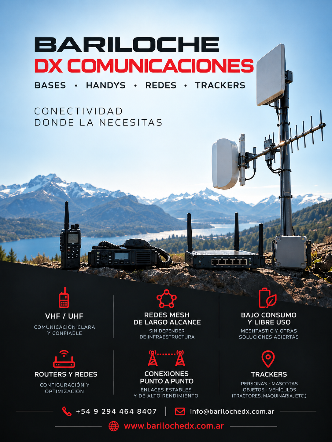 Antenas y equipos de comunicación frente al paisaje de Bariloche